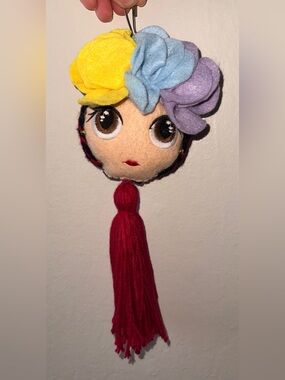 Handmade Doll Head Keychain with Colorful Flowers and Red Tassel